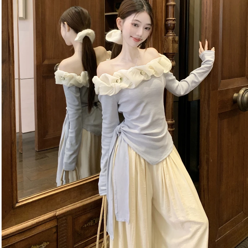 纯欲风花朵一字领不规则T恤上衣阔腿休闲裤女2025早春新款两件套