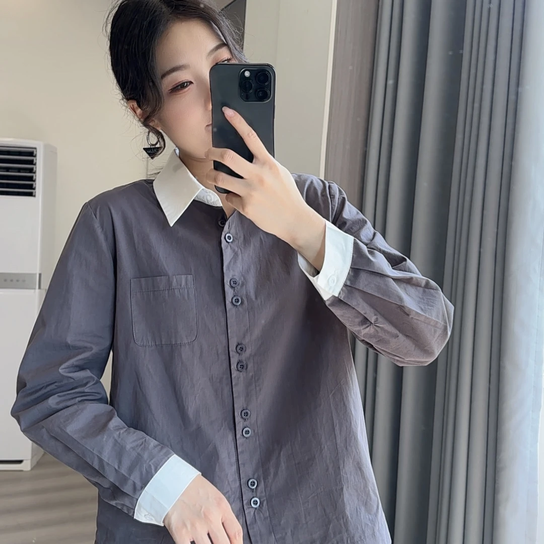 1360纯棉撞色翻领衬衫女简约洋气长袖衬衣叠穿小个子打底衫上衣