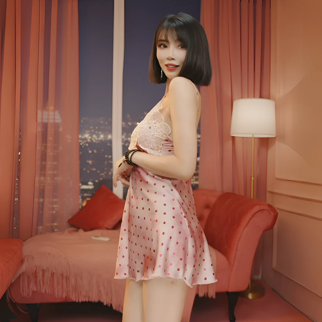 法式性感冰丝吊带波点泼染纯欲睡衣蕾丝美背V领胸垫爆款新款睡裙