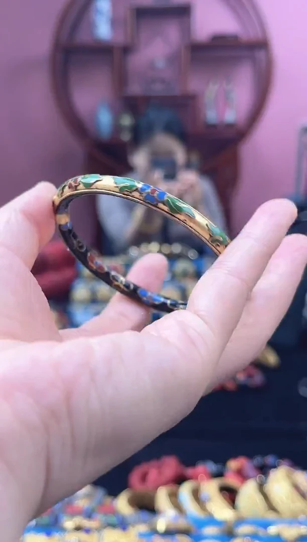 非遗 景泰蓝 金地手镯 黑色 开口镯 52-62