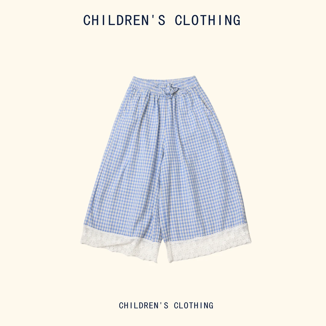 儿童夏季薄款洋气格子裤脚蕾丝休闲裤2025255