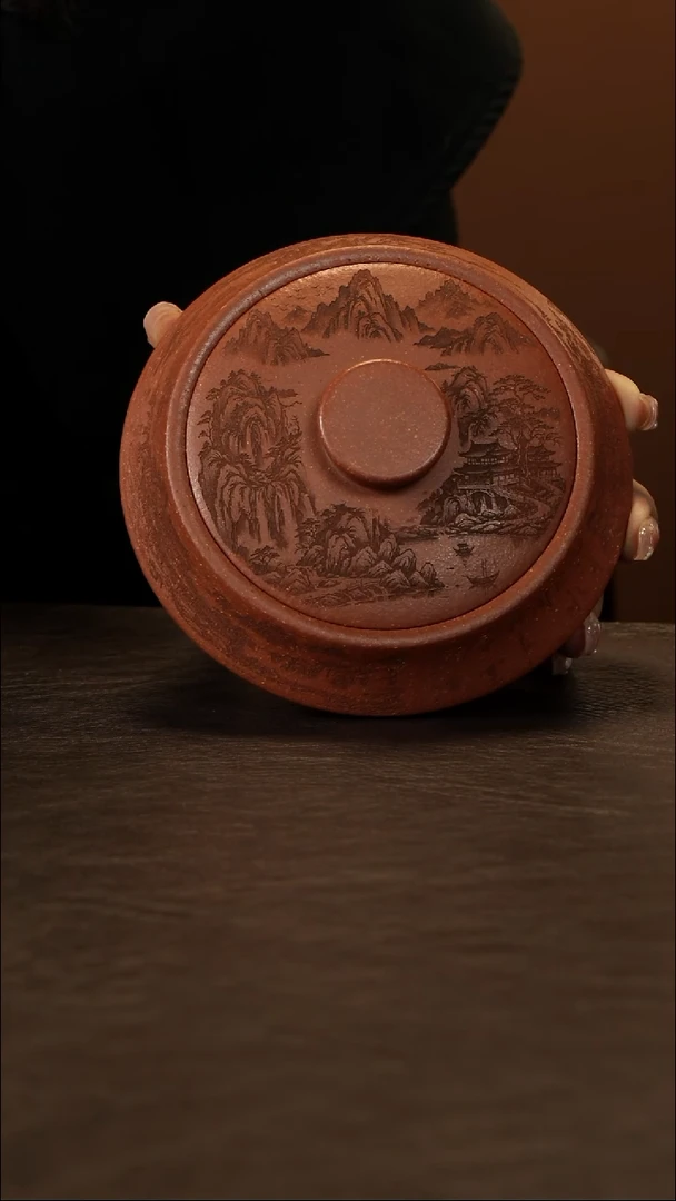 紫砂茶叶罐红降坡 山水虚扁罐