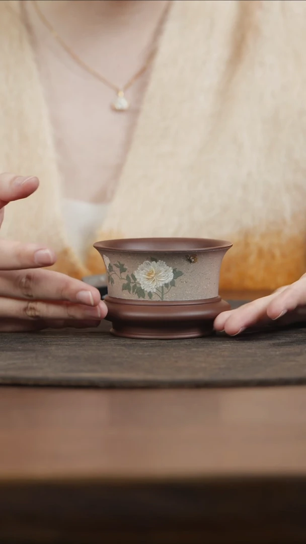 【闪购商品】紫砂茶叶罐定窑白泥绘牡丹明炉杯