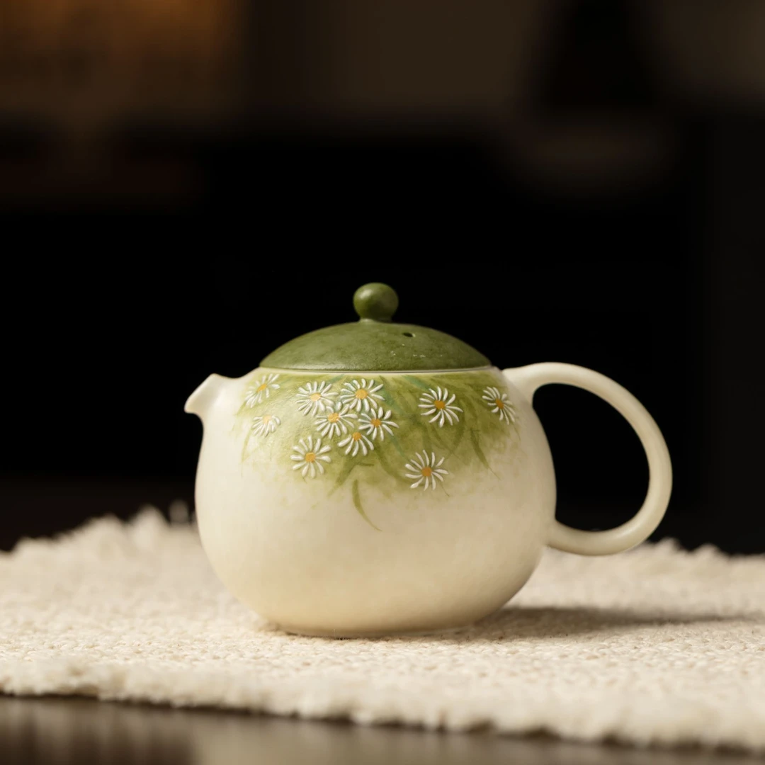 【小璟鹅】油画雏菊-茶壶 中式精致复古手绘陶瓷家用泡茶壶 160ml