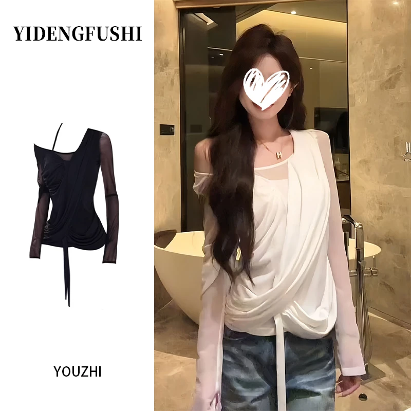 纯欲设计感交叉斜肩网纱拼接长袖T恤女早秋季辣妹不规则修身上衣