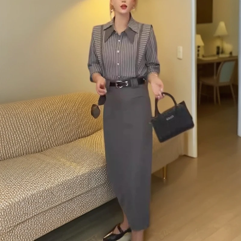【大爱美依缘】新款时尚气质法式条纹设计感夏季衬衫高腰半身裙女装