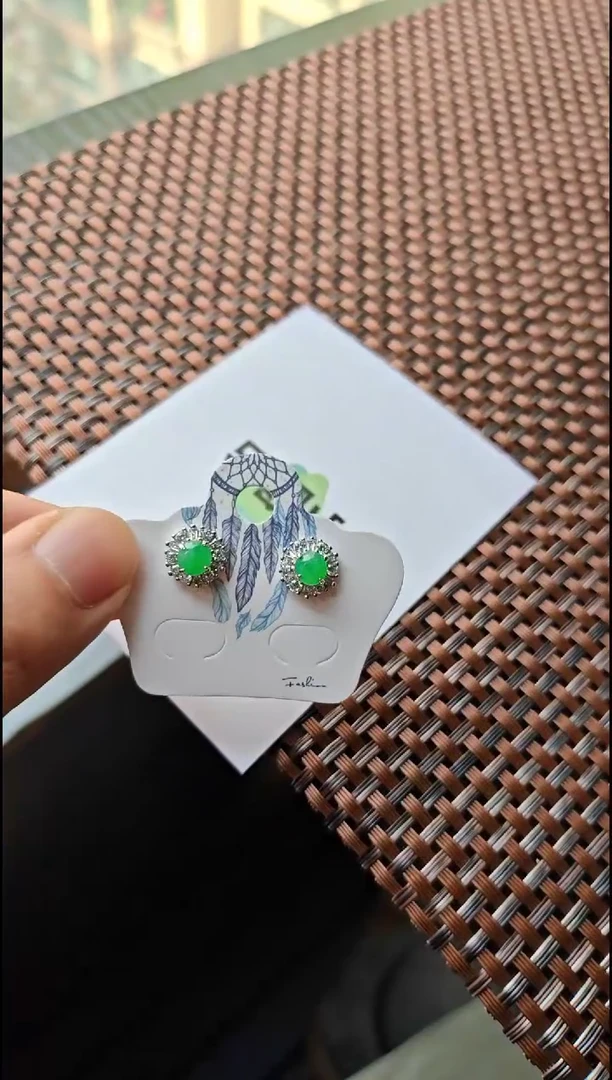 【闪购商品】翡翠耳饰银S925镶嵌翡翠耳饰S925银镶嵌