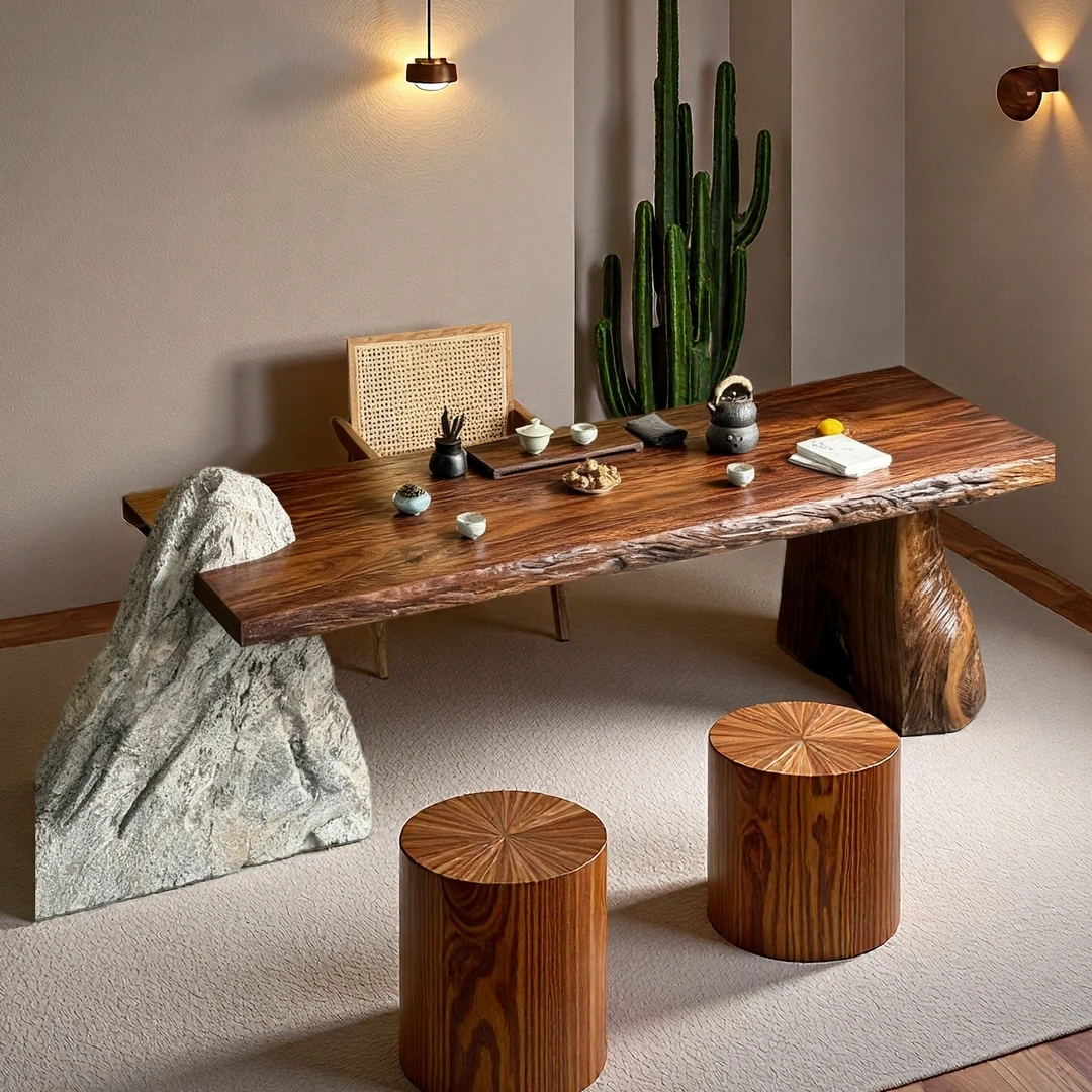 侘寂风原木大板茶桌茶台风化老木民宿餐桌设计师石头茶室泡茶桌