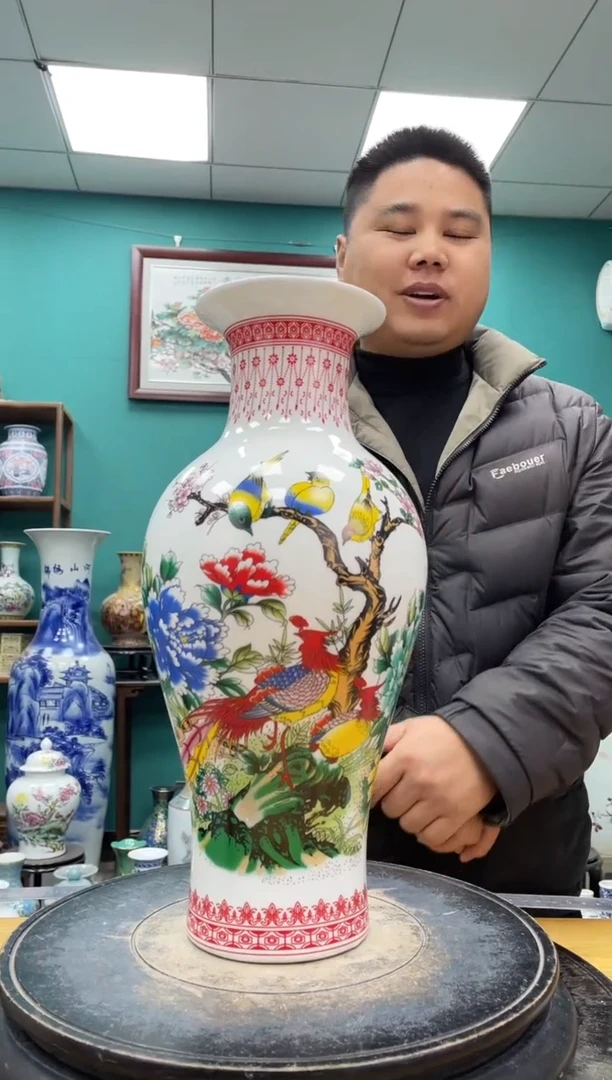 摆件牡丹双凤鱼尾陶瓷摆件