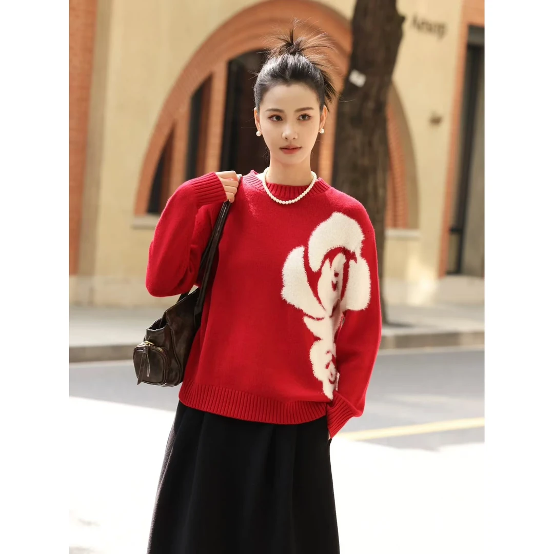 【玫瑰人生】2025春季新款国风慵懒风花卉毛针织套头毛衣.K41230a