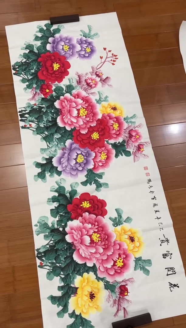 国画【直播福利，纯手工手绘】李春凤牡丹横幅180*68