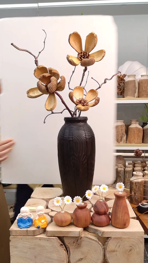 木实木花瓶自然裂纹，随机木纹，一个