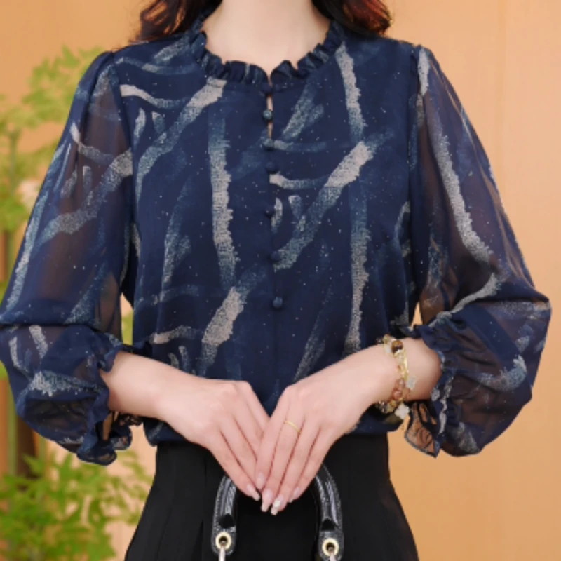 初相识2025新中式国风设计感气质印花圆领衬衫上衣M388可可