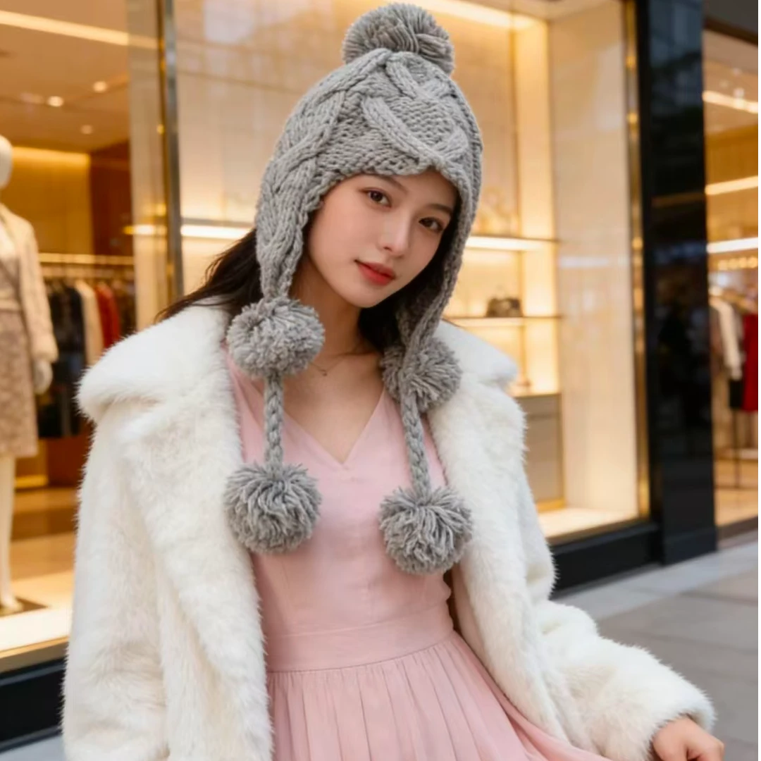 设计师款粗毛线帽秋冬保暖护耳毛球针织帽雷锋帽6242