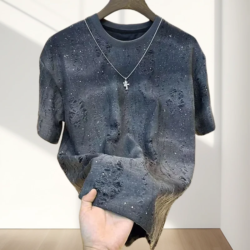 潮款新款满天星针织男士上衣爆款半袖圆领潮流男士针织短袖男夏季