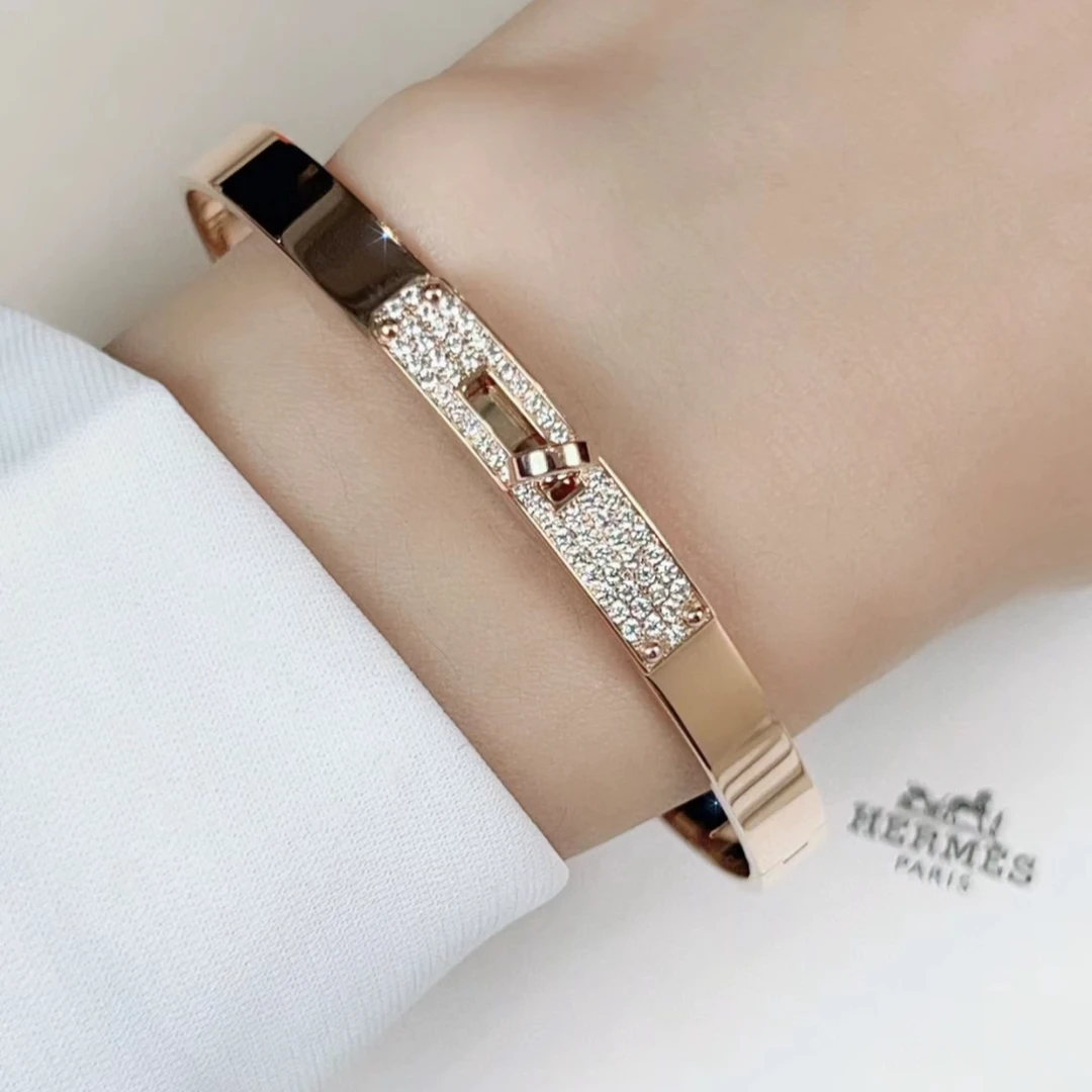 99新 Hermes/爱马仕 小花6珊 Kelly 半钻手镯 18K玫瑰金 SH/LG码