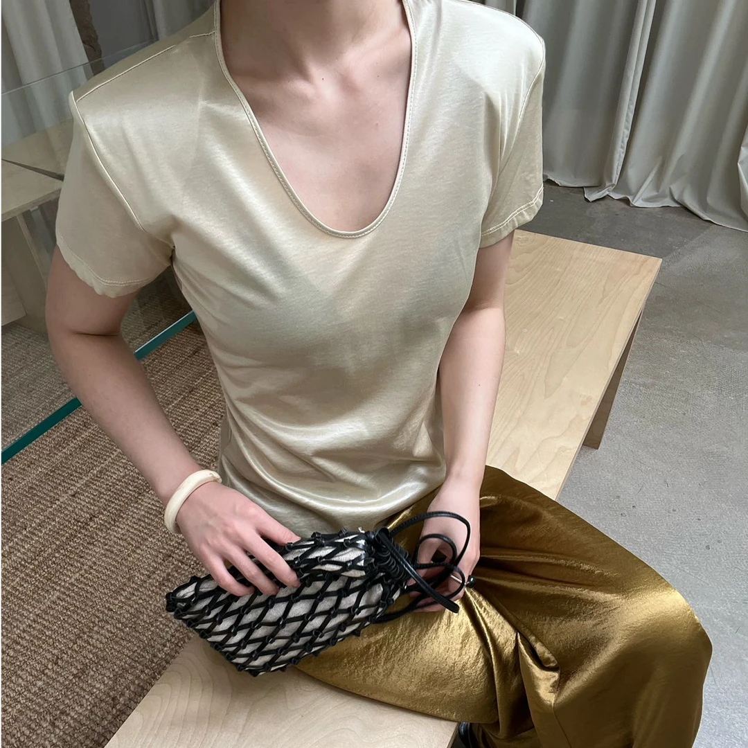 常规款短袖T恤韩版不规则小众v领夏季半袖打底衫1097