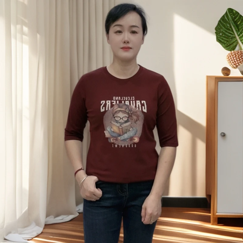 9985秋季新款印花圆领五分袖常规T恤百搭春秋修身慵懒风