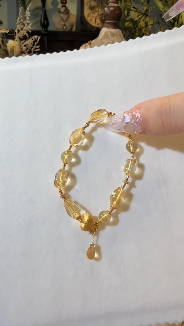 银S925镶嵌手链水晶拉丝屁桃爱心黄水晶