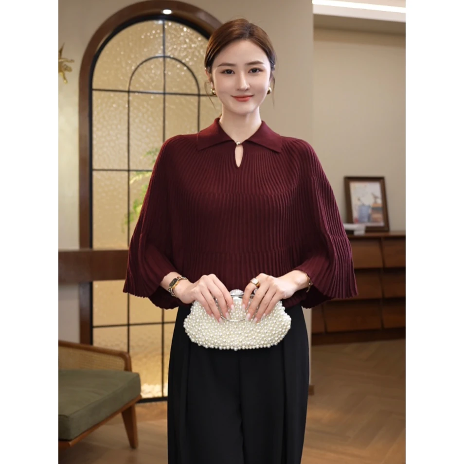 现货2025秋季新款【7982】含绵羊毛时尚纽扣红色翻领蝙蝠袖针织上衣