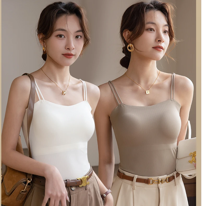 6611#冰丝无痕吊带夏季背心女带胸垫固定杯内搭外穿打底上衣女