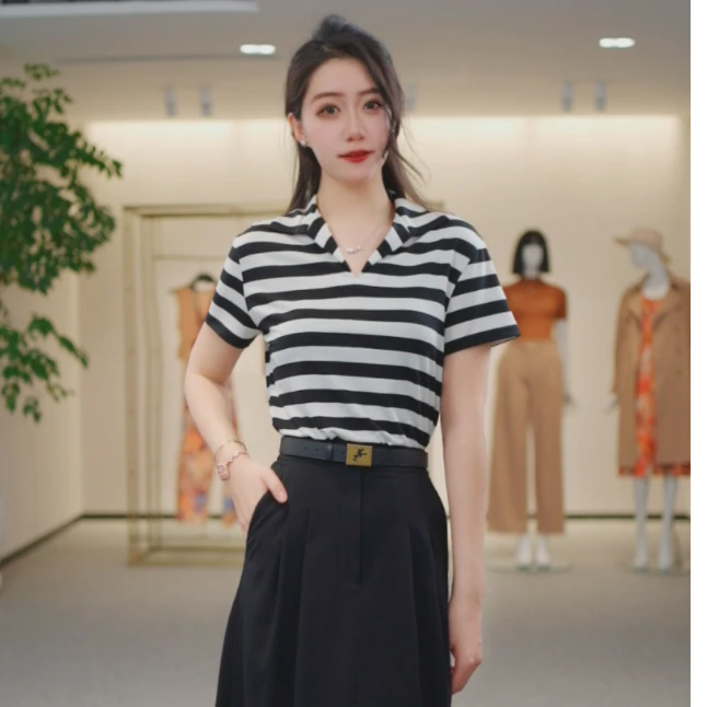 GIRDEAR/哥弟品质女装经典百搭舒适亲肤Polo领条纹短袖T恤130081