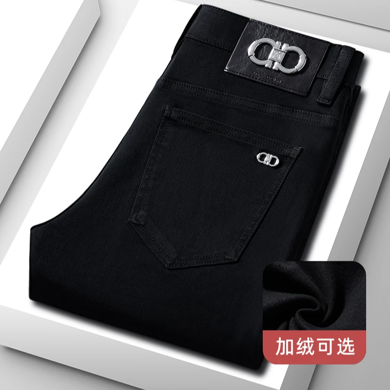 高端轻奢秋冬季修身直筒百搭牛仔裤男款黑色男士休闲裤子商务加绒
