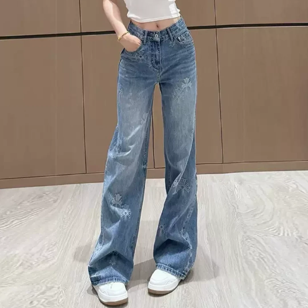 T·Z*98蓝色高腰直筒时尚休闲百搭牛仔裤-9148