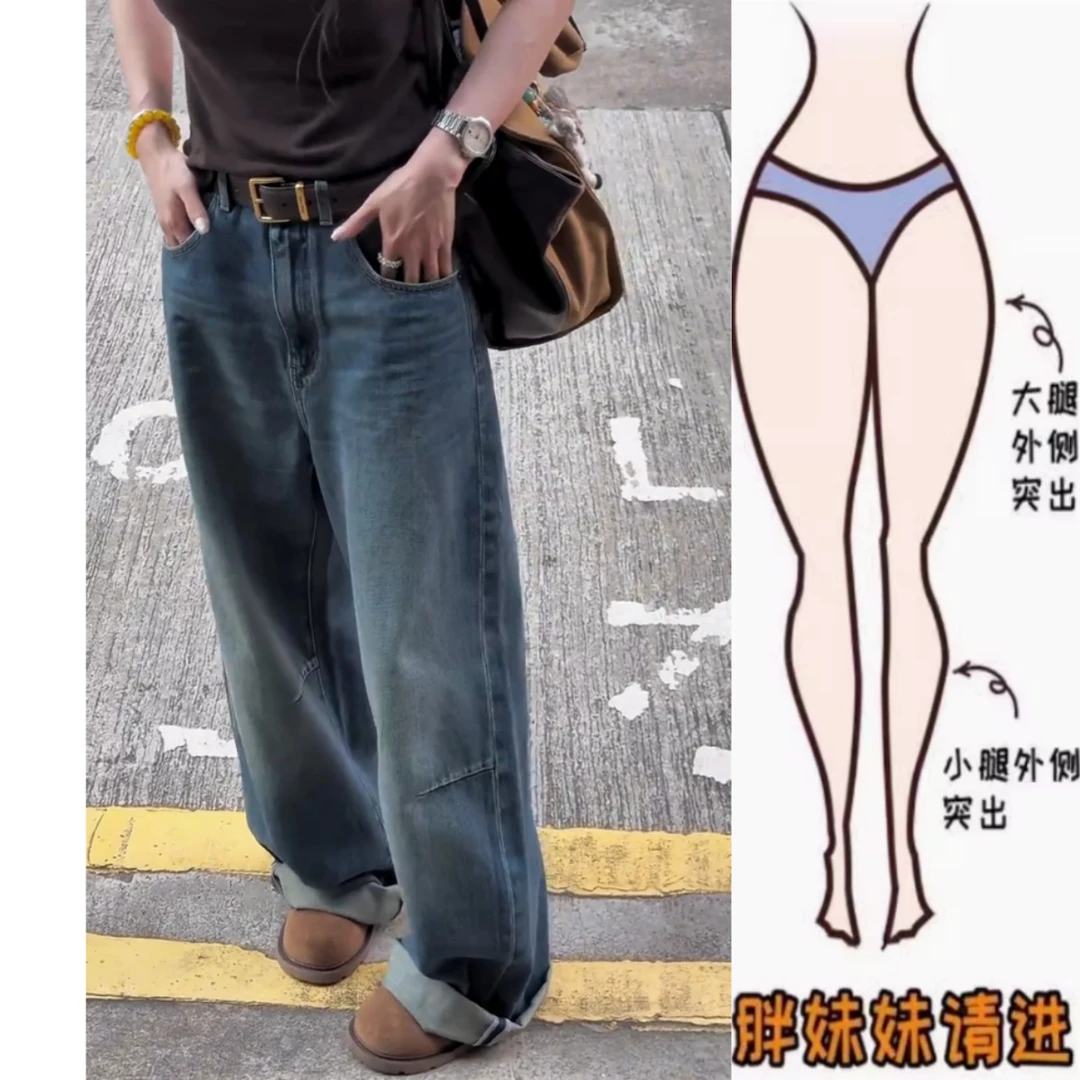 景倩妮复古蓝掐褶直筒牛仔裤女2025年早秋新款高腰显瘦宽松阔腿裤