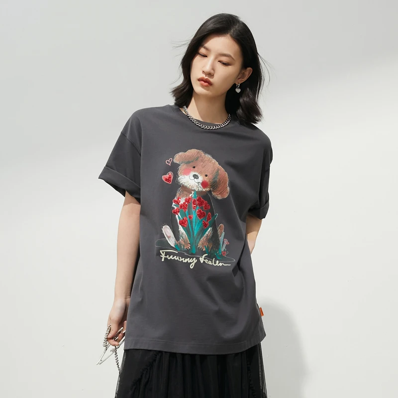 FF仿佛气质短袖纯棉图案T恤女时尚印花设计感FM00590