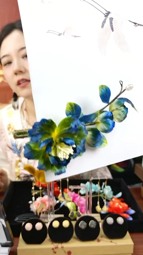 纯铜合金琉璃非遗绒花千里江山款发夹
