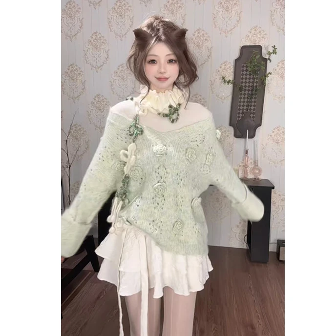 {绿沫白兰}绿色针织毛衣女长袖秋冬款 玫瑰花宽松慵懒风温柔