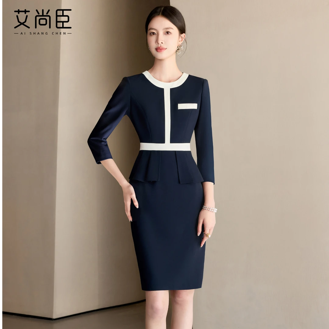 艾尚臣高级感藏青色连衣裙气质时尚职场正式场合修身显瘦工作服