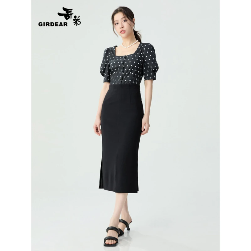 GIRDEAR/哥弟新款时尚高腰步步生花中长款开叉鱼尾半身裙1200232