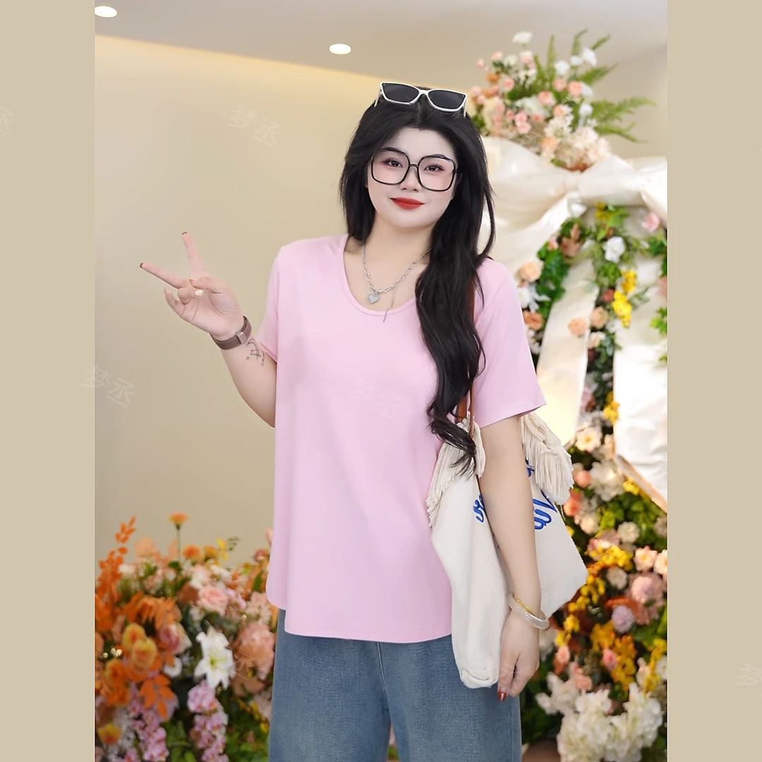梦丞-大码女装简约时尚显瘦舒适百搭T恤宽松圆领纯色系上衣