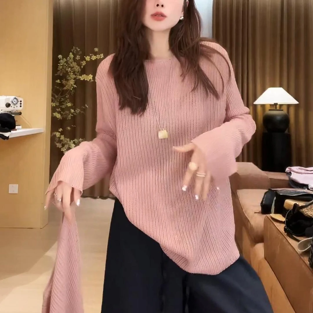 2025春夏新款洋气圆领针织衫透气冰感竖坑条设计感短袖宽松上衣女