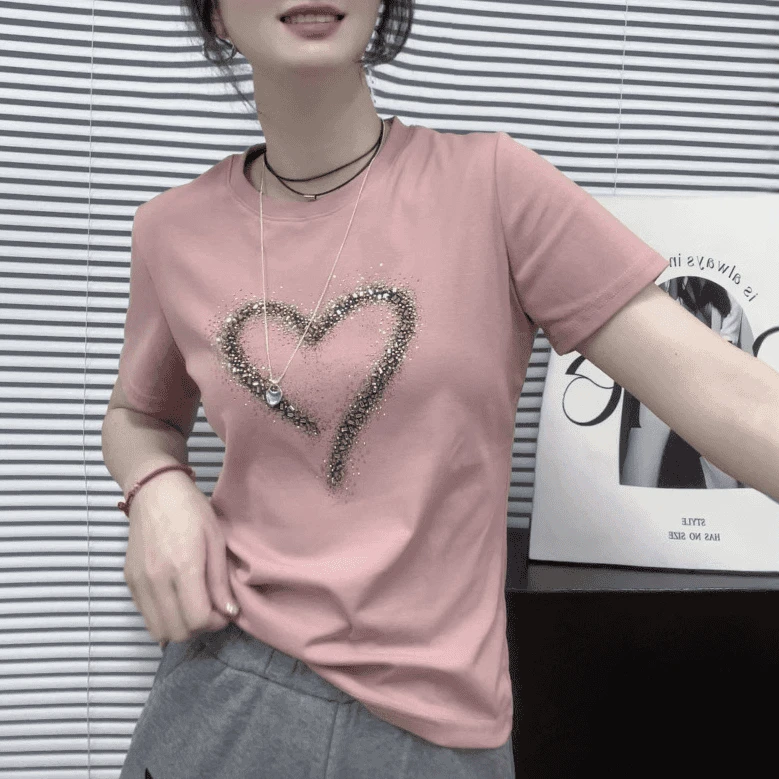 圆领短袖T恤女2025夏季新款韩版时尚洋气百搭宽松爱心烫钻上衣潮
