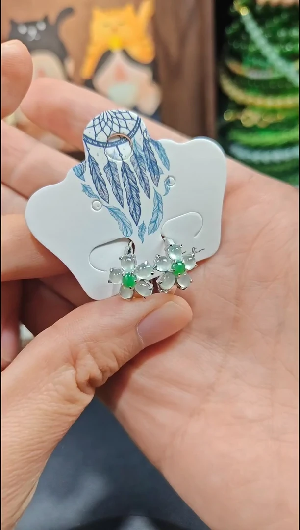 银S925镶嵌翡翠耳饰翡翠耳饰S925银镶嵌