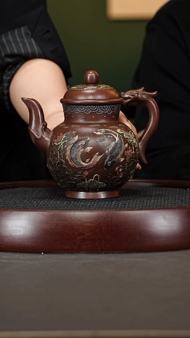 茶壶紫砂112ZXH鲤戏莲心壶 老紫泥650cc