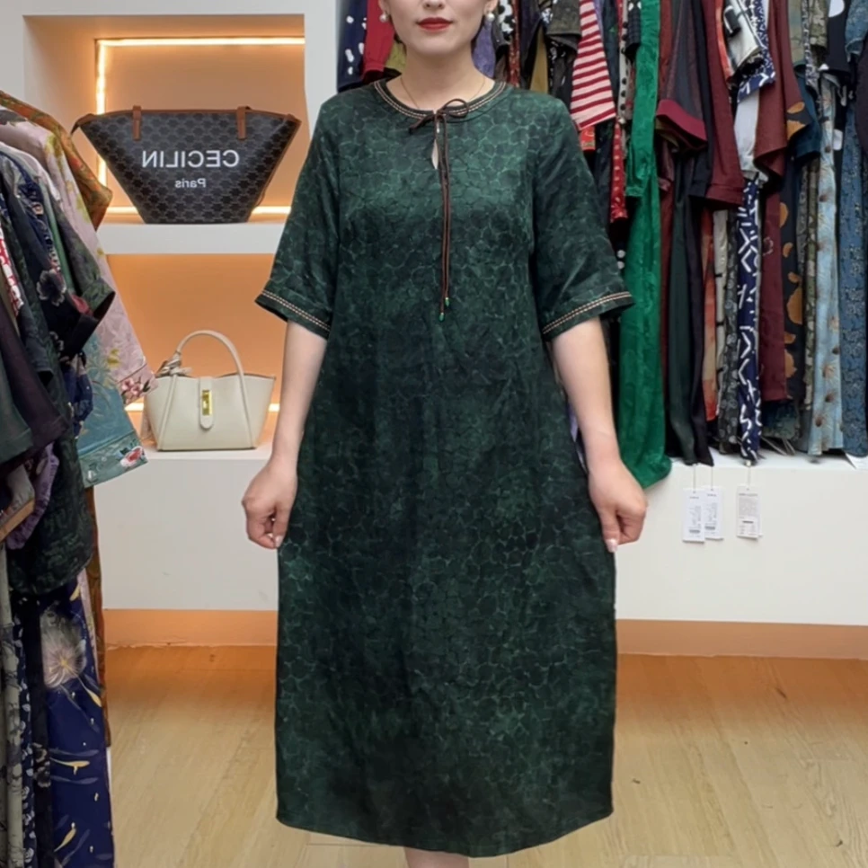 【杭州丝绸】2025夏季时尚妈妈连衣裙夏装印花衬衫式连衣裙Q2539