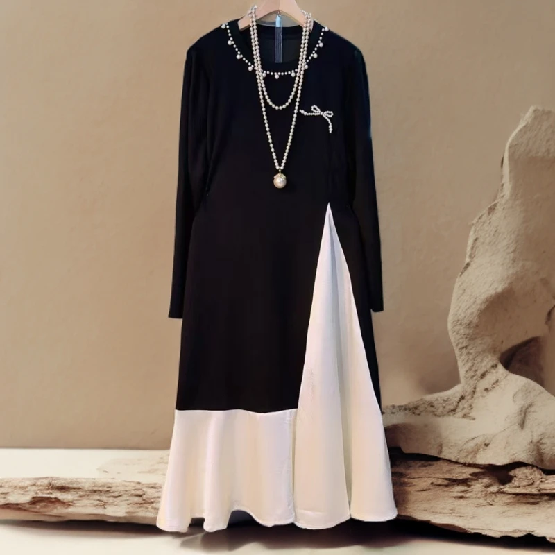 新款重工设计拼接蝴蝶结修身显瘦气质连衣裙秋冬长款气质拼接大码