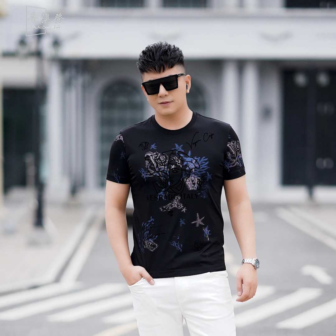 2025夏季新款时尚潮流百搭上衣修身渐变人物印花休闲男短袖T恤