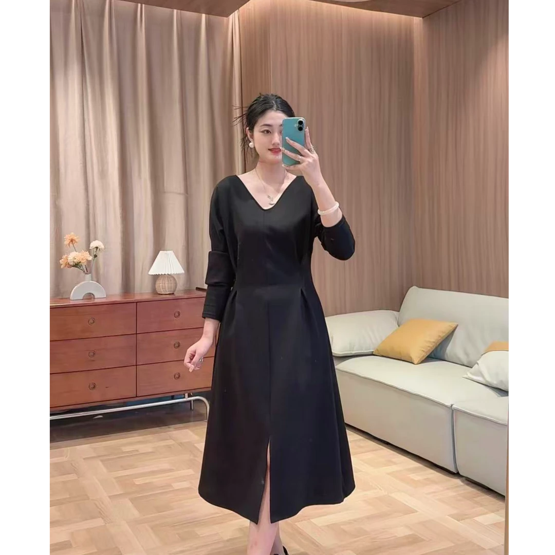 50696秋季新款V领长袖高弹气质款黑色收腰显瘦大码开叉连衣裙