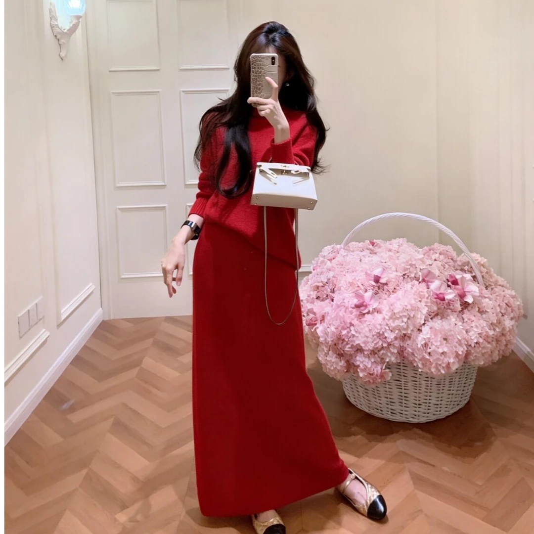 2026秋冬新款韩系气质高级感新年红色针织毛衣高腰显瘦半身裙套装