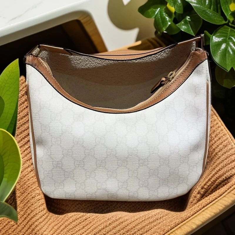 95新 GUCCI/古驰 白色老花拼棕皮腋下包 1239 0790