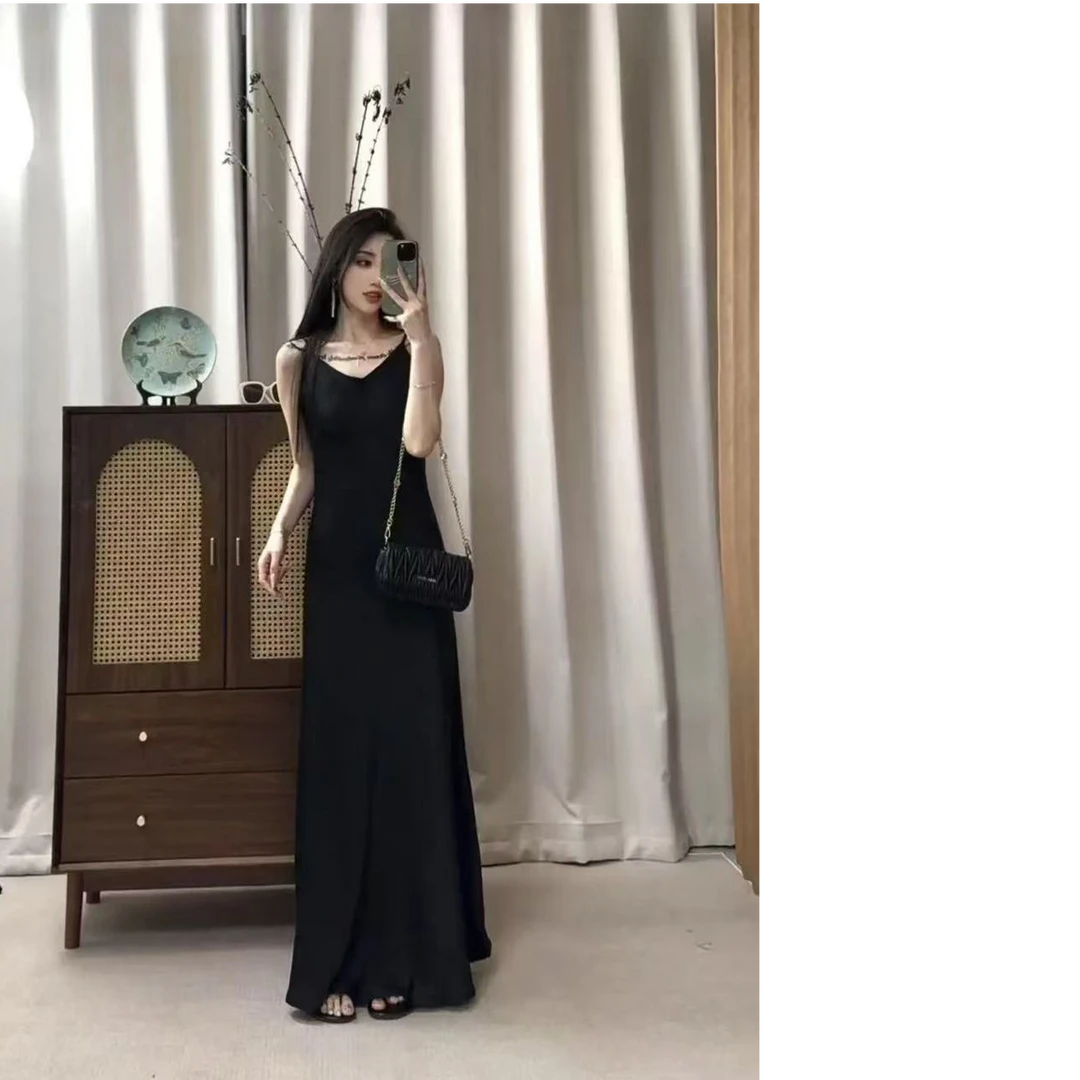 【夏日风情】超长到脚踝连衣裙显瘦气质吊带裙轻奢肌理感缎面加长裙