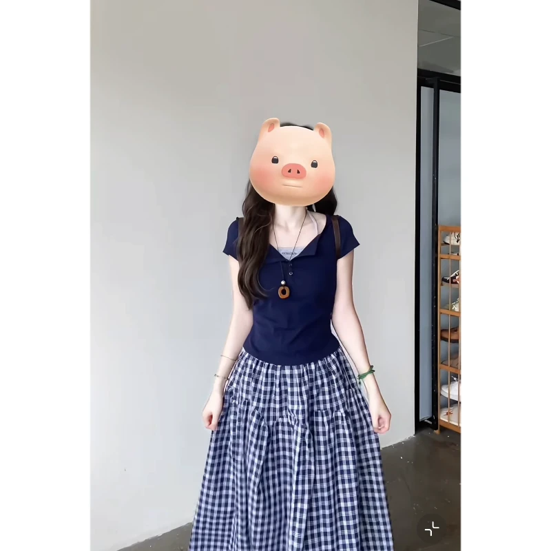 大码【冰萃夏日】夏季新款美式复古设计感假两件上衣格子显瘦半身裙