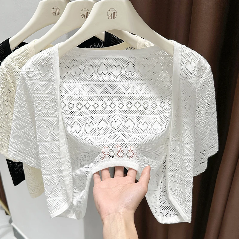 精致白色短袖细腻蕾丝衫女款2025夏季防晒外搭短款防晒空调衫上衣