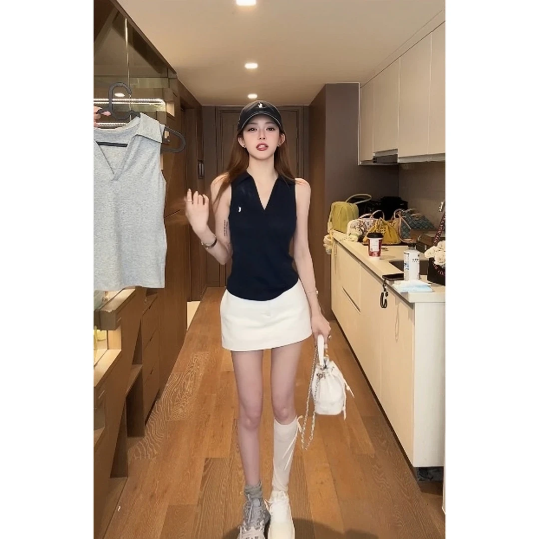 2025夏季新款Polo小v领经典刺绣修身运动无袖背心＋半身裙套装女