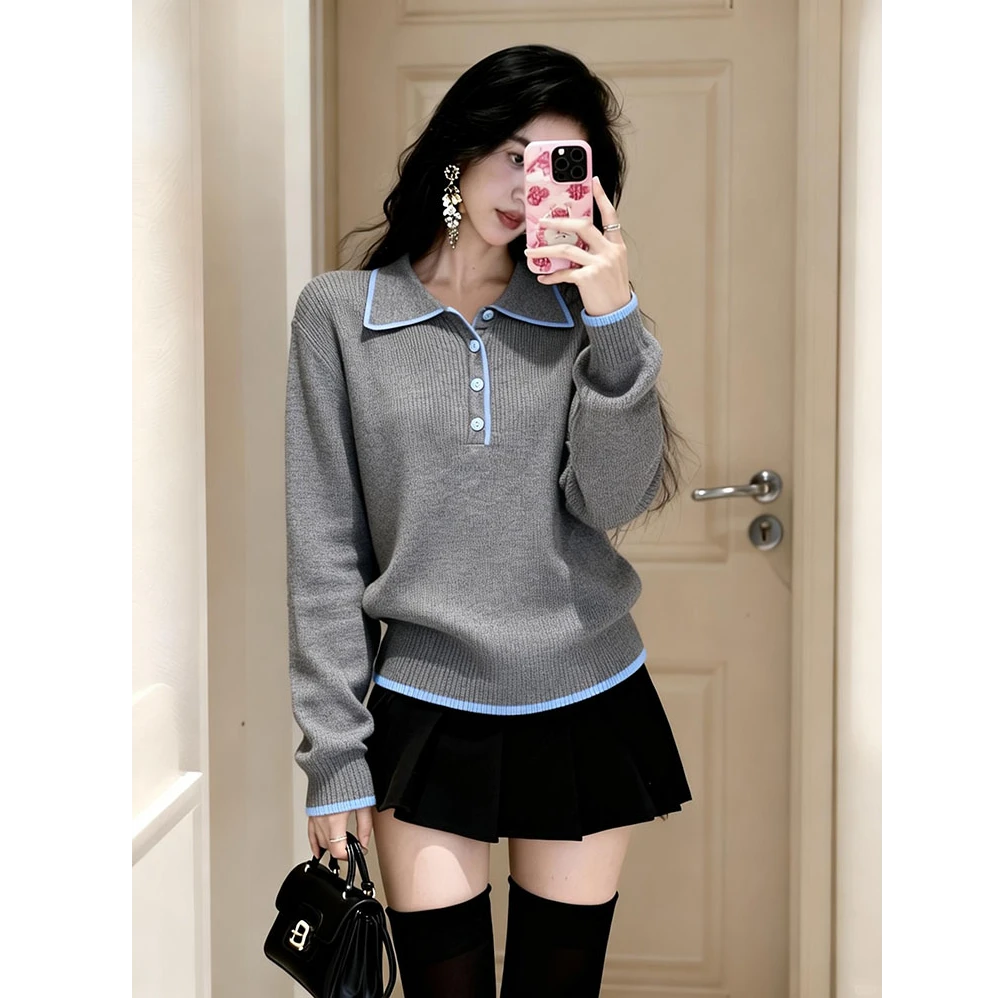 撞色polo衫翻领毛衣巨好看的冬装内搭通勤风小个子百搭针织上衣女